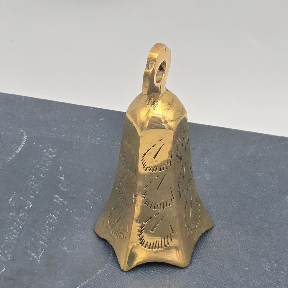 Vintage Small Solid Brass Bell Scalloped Edge Etched Design Meditation Chime 4